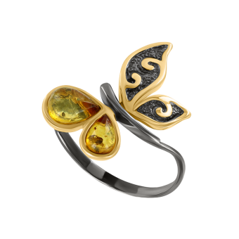 Кольцо бабочка с янтарем и позолотой 