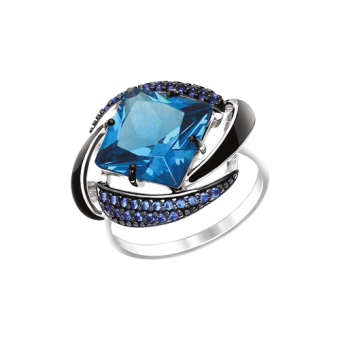 Women's ring with black enamel, blue sitall and zirconia 