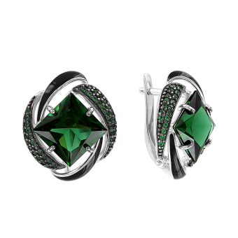 Earrings with black enamel, green sitalls and zirconia 