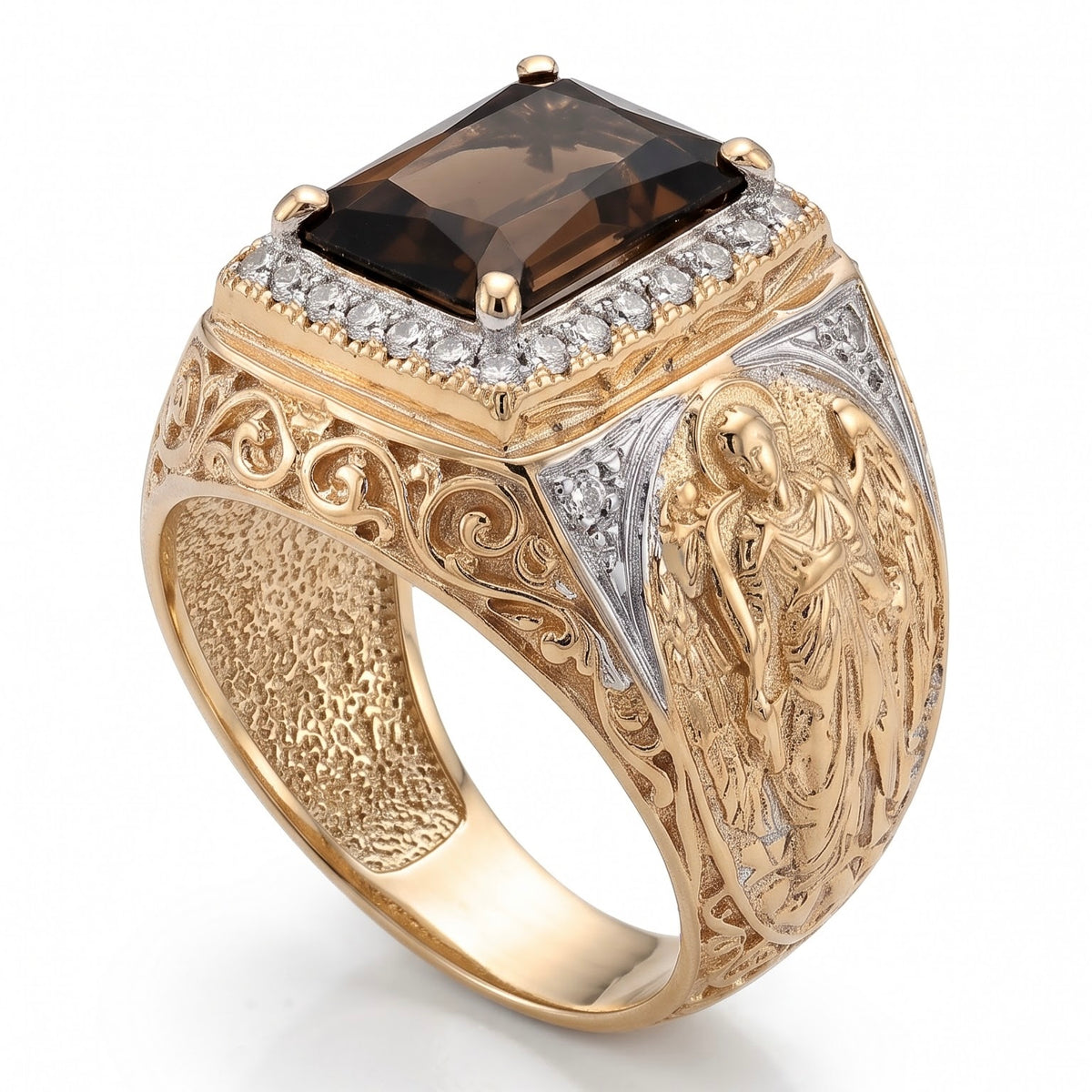 Herrenring aus russischem Gold 585 mit Rauchquarz und Schutzengel-Relief bei LuCi-Juwelier