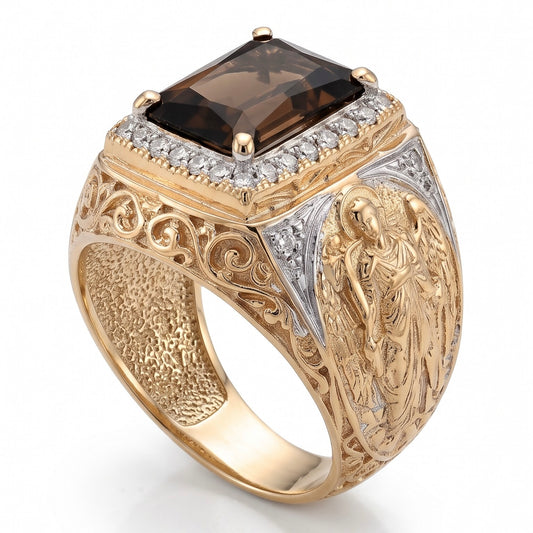 Herrenring aus russischem Gold 585 mit Rauchquarz und Schutzengel-Relief bei LuCi-Juwelier
