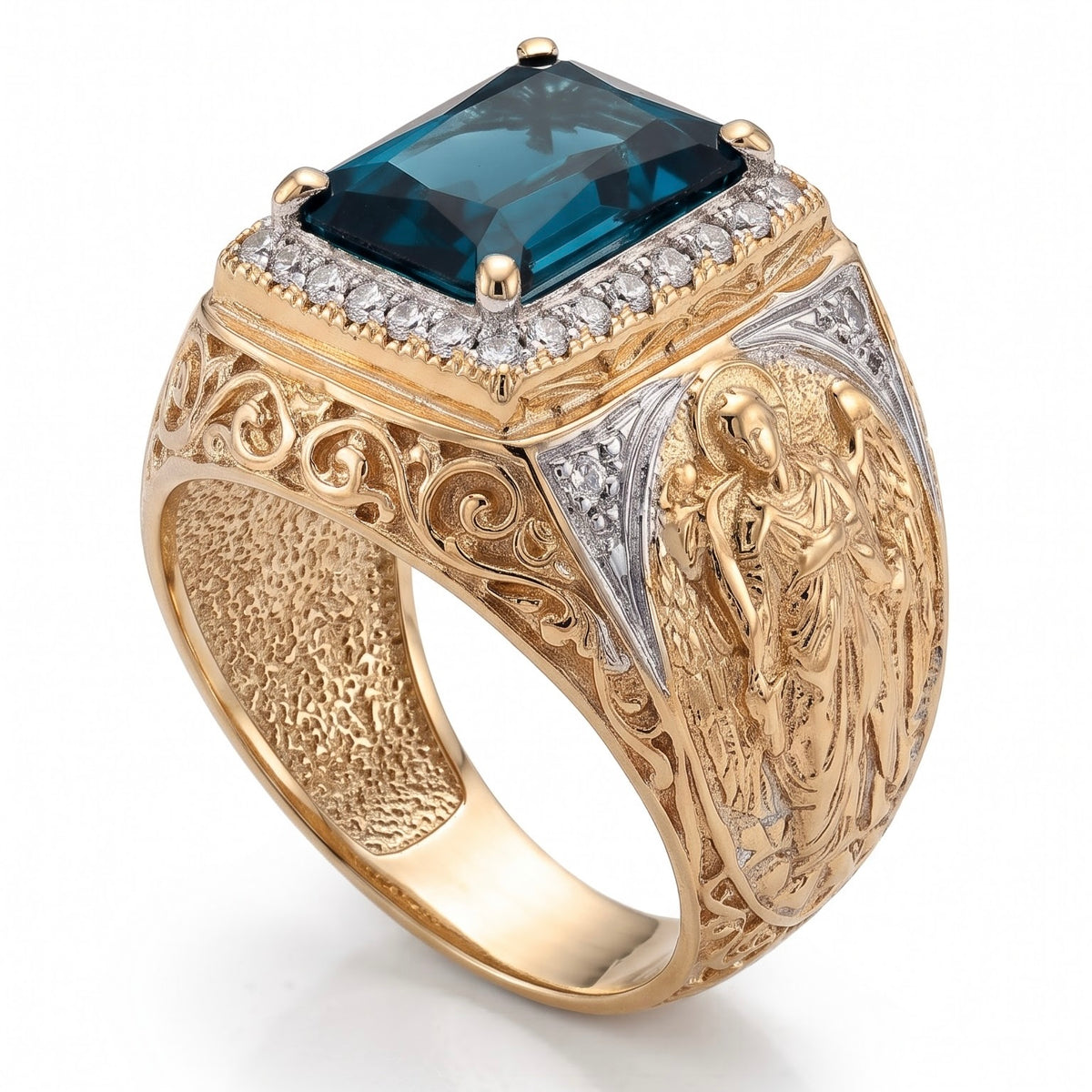 Herrenring aus russischem Gold 585 mit blauem London Topas und Engel-Relief