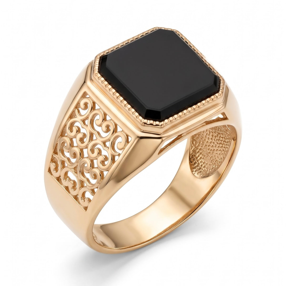 Herrenring aus russischem Gold 585 mit schwarzem Onyx und Ornament-Muster bei LuCi-Juwelier