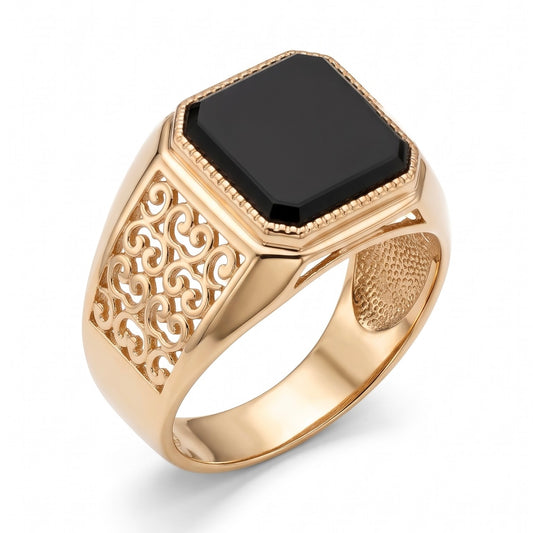 Herrenring aus russischem Gold 585 mit schwarzem Onyx und Ornament-Muster bei LuCi-Juwelier